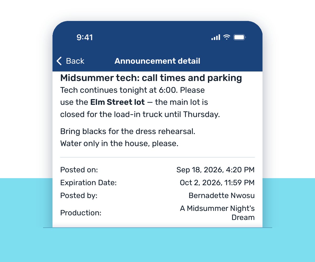 An announcement in the VirtualCallboard app: tech call times and parking, with its expiration date An announcement in the VirtualCallboard app: tech call times and parking, with its expiration date