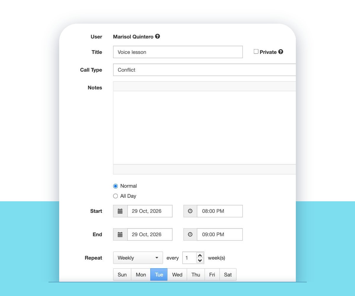 Adding a conflict in VirtualCallboard: a weekly voice lesson every Tuesday Adding a conflict in VirtualCallboard: a weekly voice lesson every Tuesday
