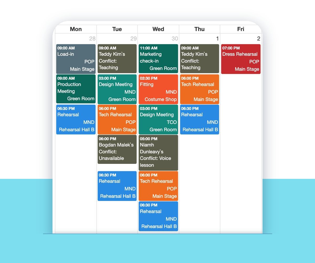 VirtualCallboard month schedule on the web, with cast members' conflicts shown beside rehearsals and performances VirtualCallboard month schedule on the web, with cast members' conflicts shown beside rehearsals and performances
