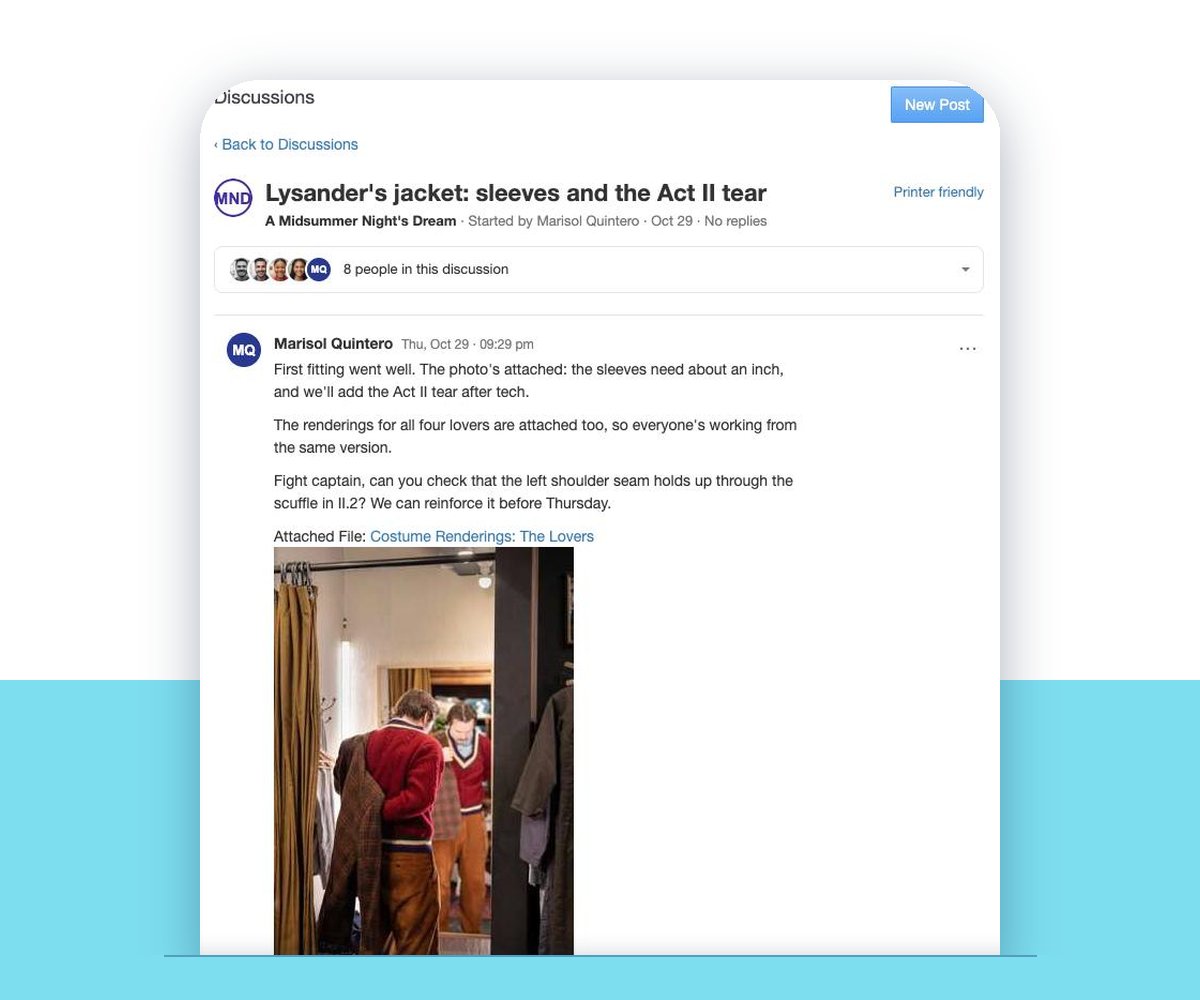 A VirtualCallboard discussion about a costume fitting, with eight people in it, a costume renderings PDF and a fitting photo A VirtualCallboard discussion about a costume fitting, with eight people in it, a costume renderings PDF and a fitting photo