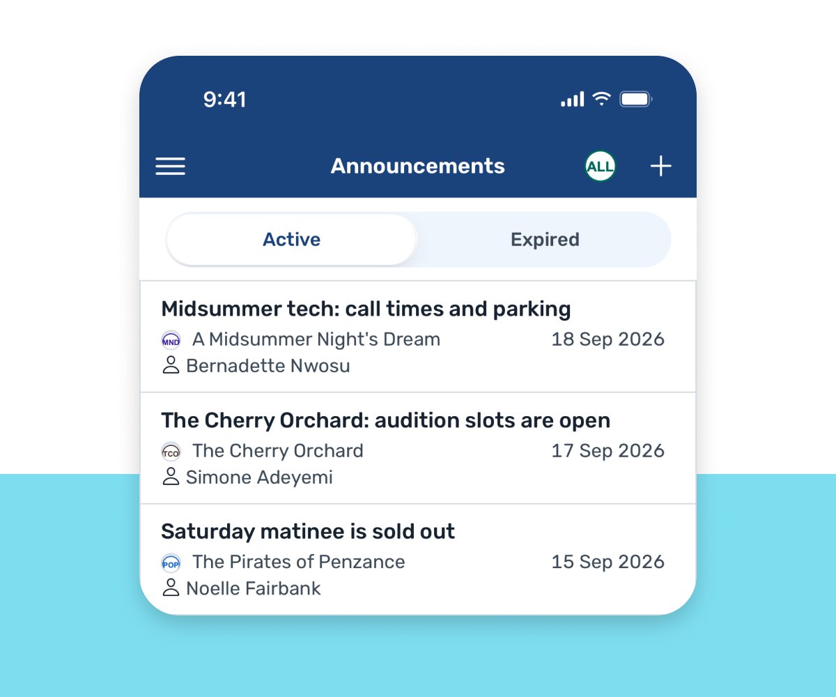 vcb-feature announcements v2 VirtualCallboard app showing active announcements for several productions