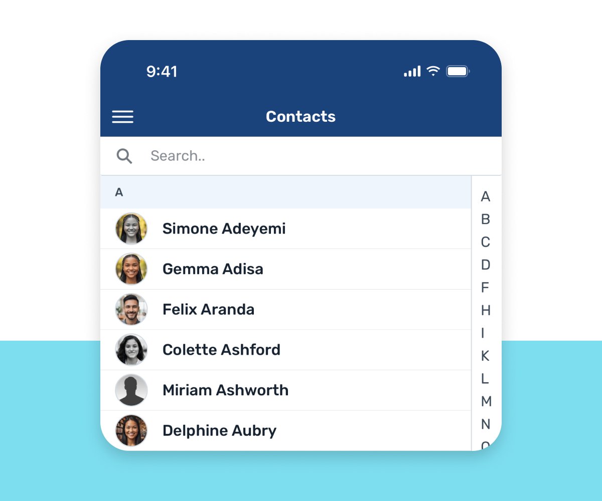 vcb-feature contacts v2 VirtualCallboard app showing the company contact list with photos