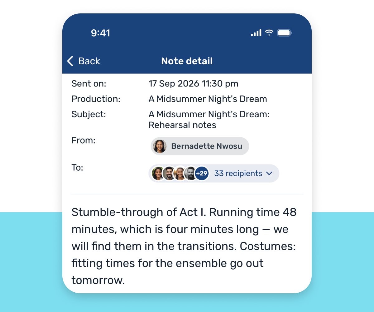 vcb-feature notes v2 VirtualCallboard app showing a rehearsal note sent to 33 recipients with its running-time notes