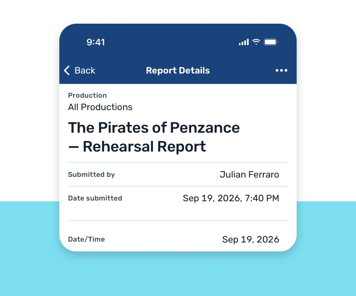 vcb-feature reports v2 VirtualCallboard app showing a Pirates of Penzance rehearsal report with submitter and date