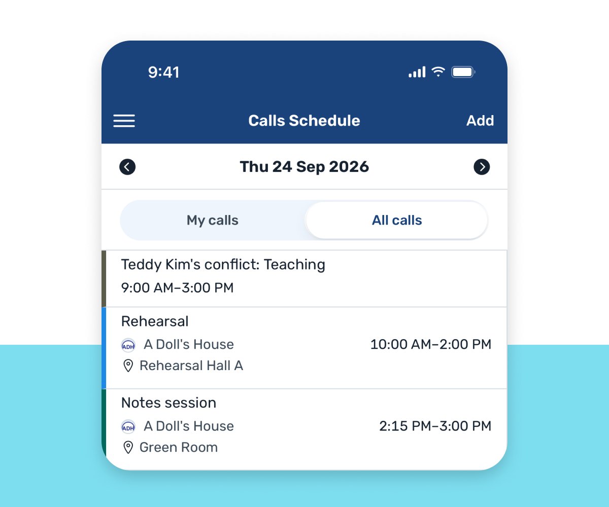vcb-feature schedule v2 VirtualCallboard app showing a day's call schedule with a conflict, a rehearsal and a notes session