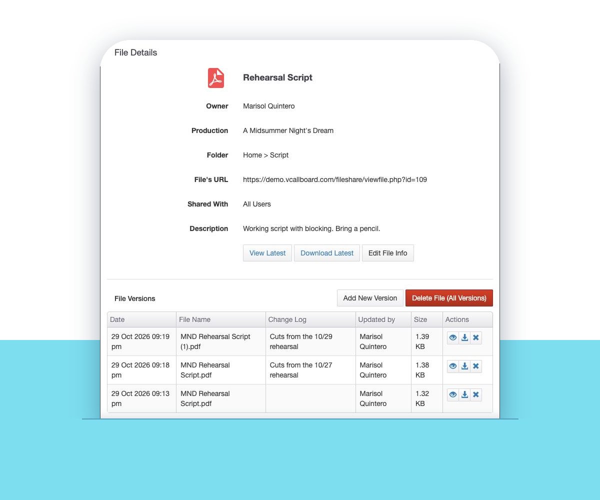 A shared script in VirtualCallboard with its version list: three versions, each with the date, a change log and who uploaded it A shared script in VirtualCallboard with its version list: three versions, each with the date, a change log and who uploaded it