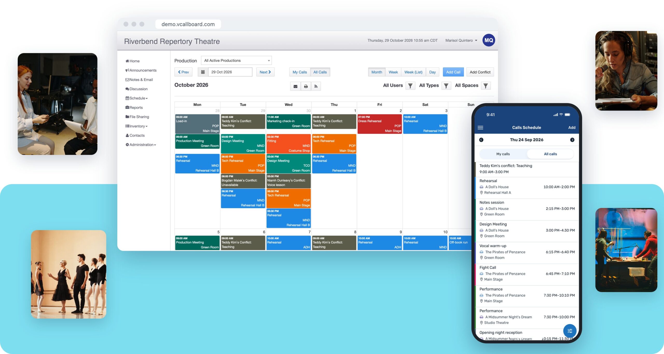 VirtualCallboard on the web and on iPhone VirtualCallboard on the web and on iPhone: a month schedule of color-coded rehearsals, fittings and meetings in a browser, beside the Calls Schedule in the phone app