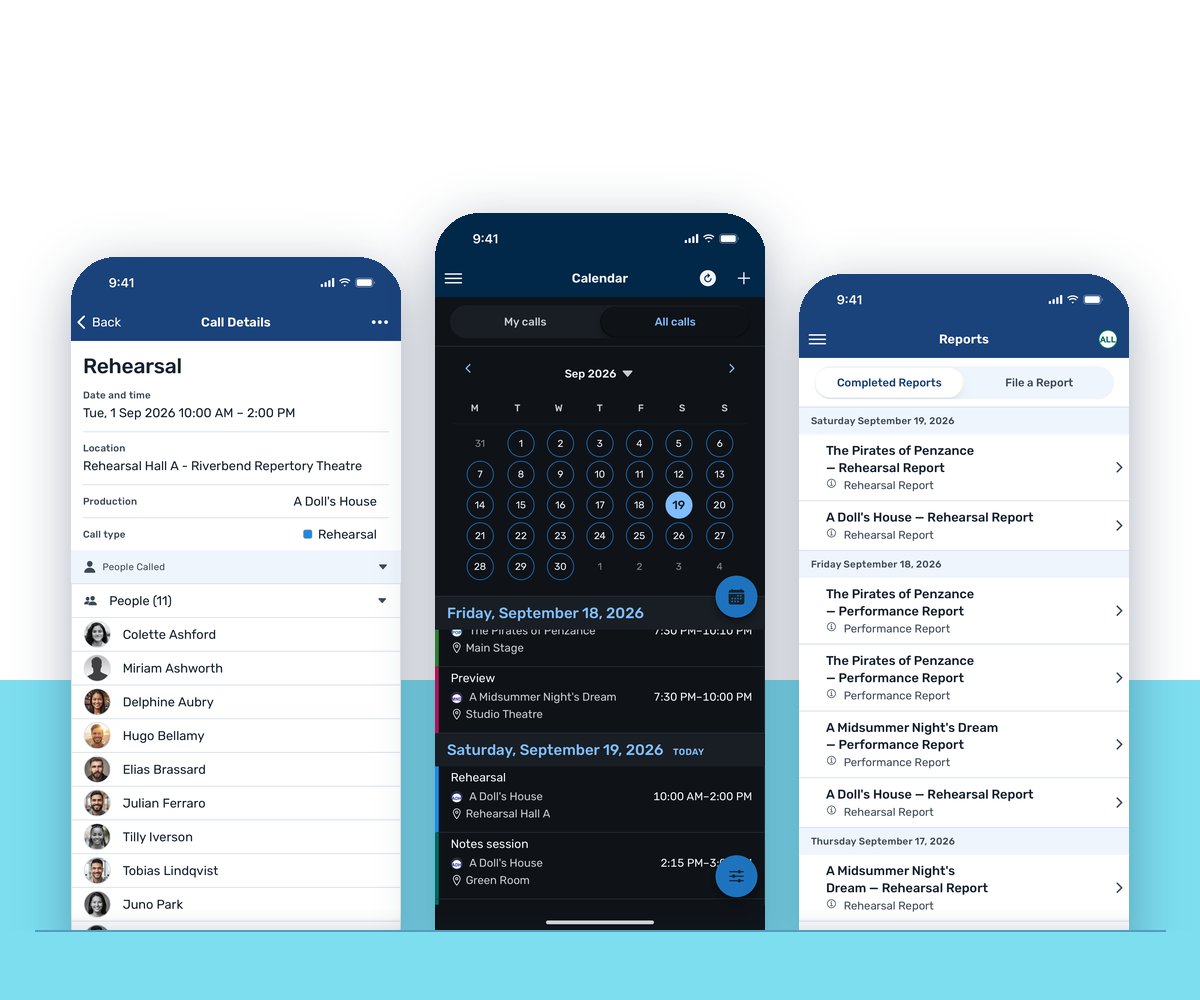 Three iPhones running the VirtualCallboard app: a call and who is called, the calendar in dark mode, and the reports list Three iPhones running the VirtualCallboard app: a call and who is called, the calendar in dark mode, and the reports list