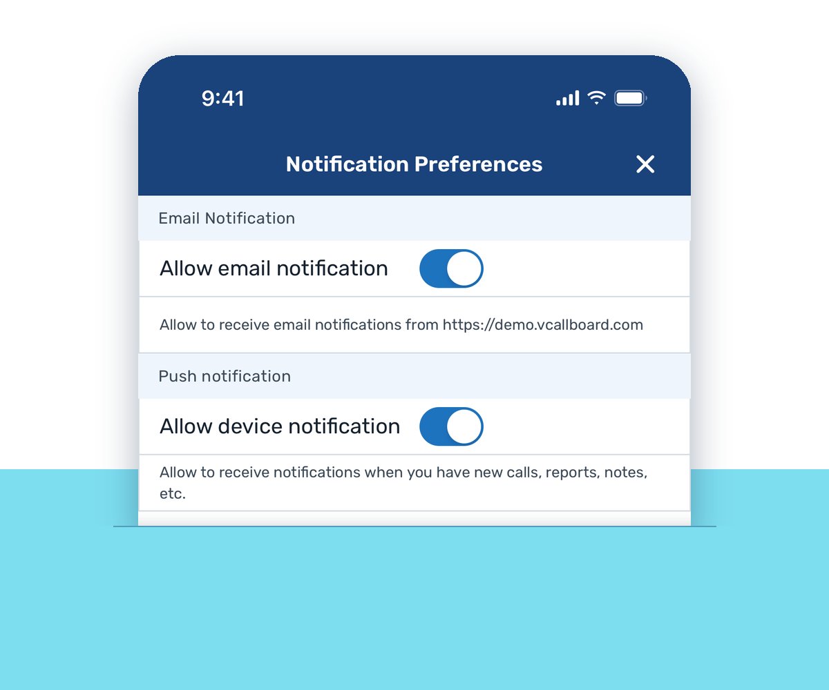 Notification Preferences in the VirtualCallboard app: email and device notifications, each switched on Notification Preferences in the VirtualCallboard app: email and device notifications, each switched on