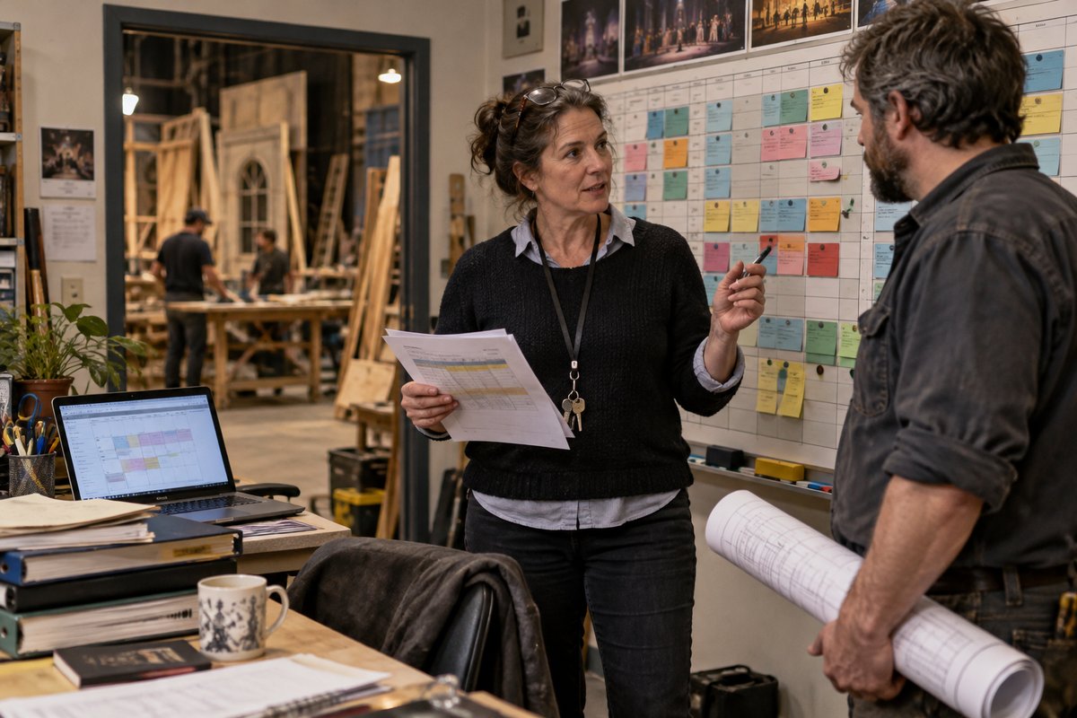 Production manager reviewing the budget and season schedule board with the technical director, scene shop behind them