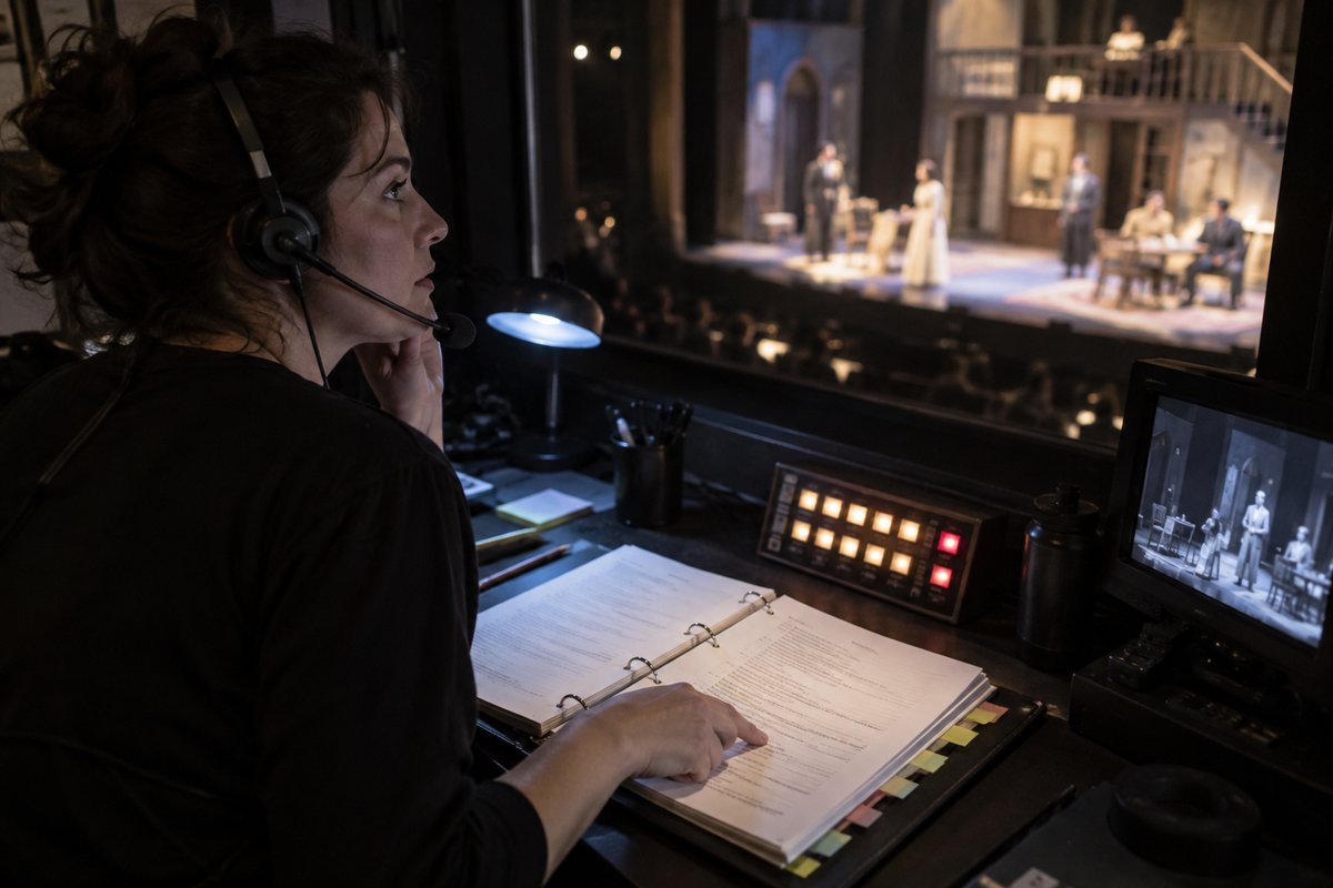 Stage manager in a headset calling cues from the booth, following the script in a tabbed binder with the stage below