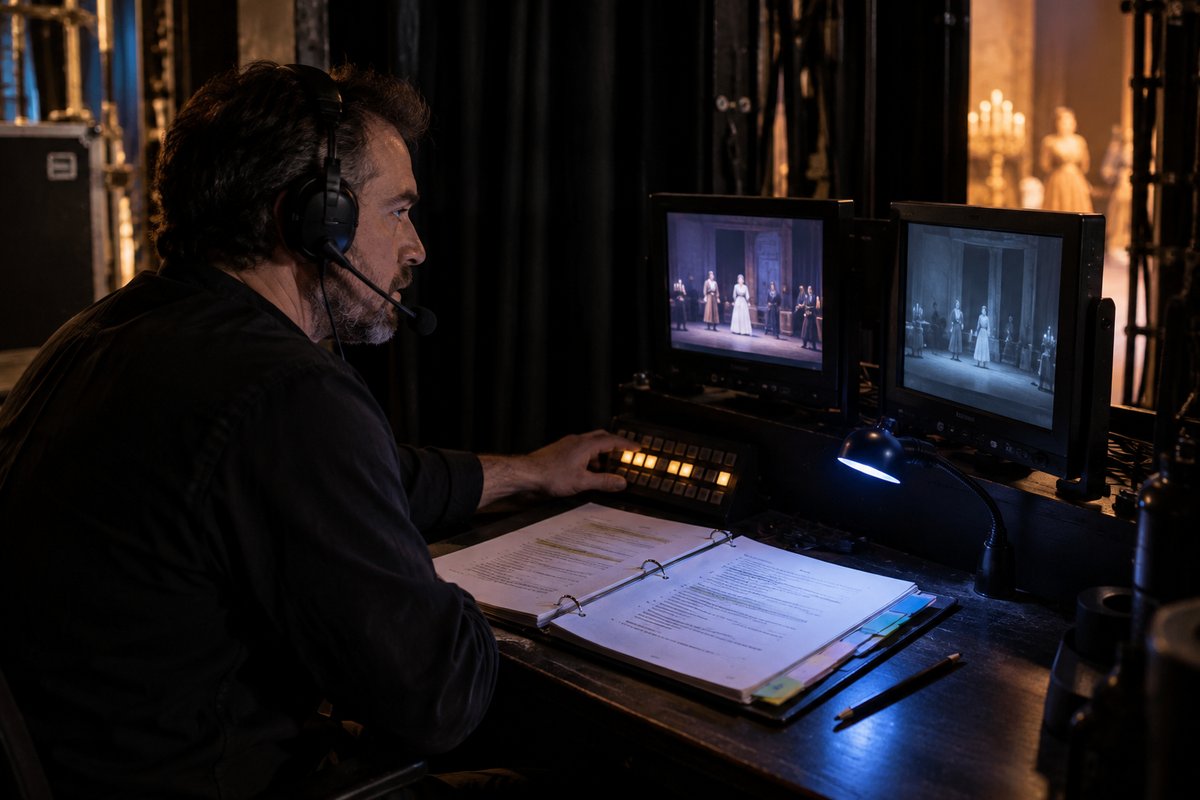 Stage manager in a headset at the prompt desk, calling the show from video monitors with the script binder open Stage manager in a headset at the prompt desk, calling the show from video monitors with the script binder open