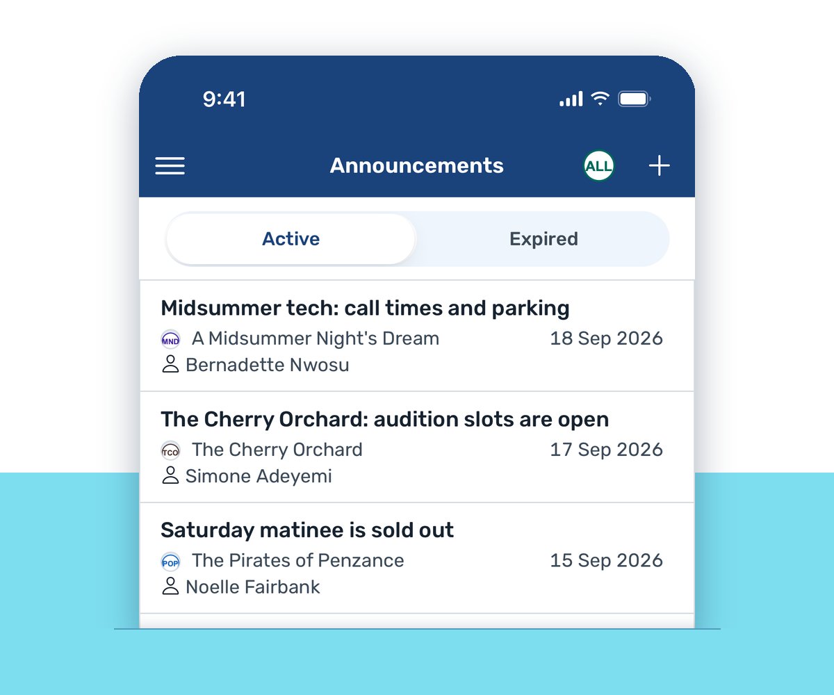 VirtualCallboard app showing active announcements for several productions VirtualCallboard app showing active announcements for several productions