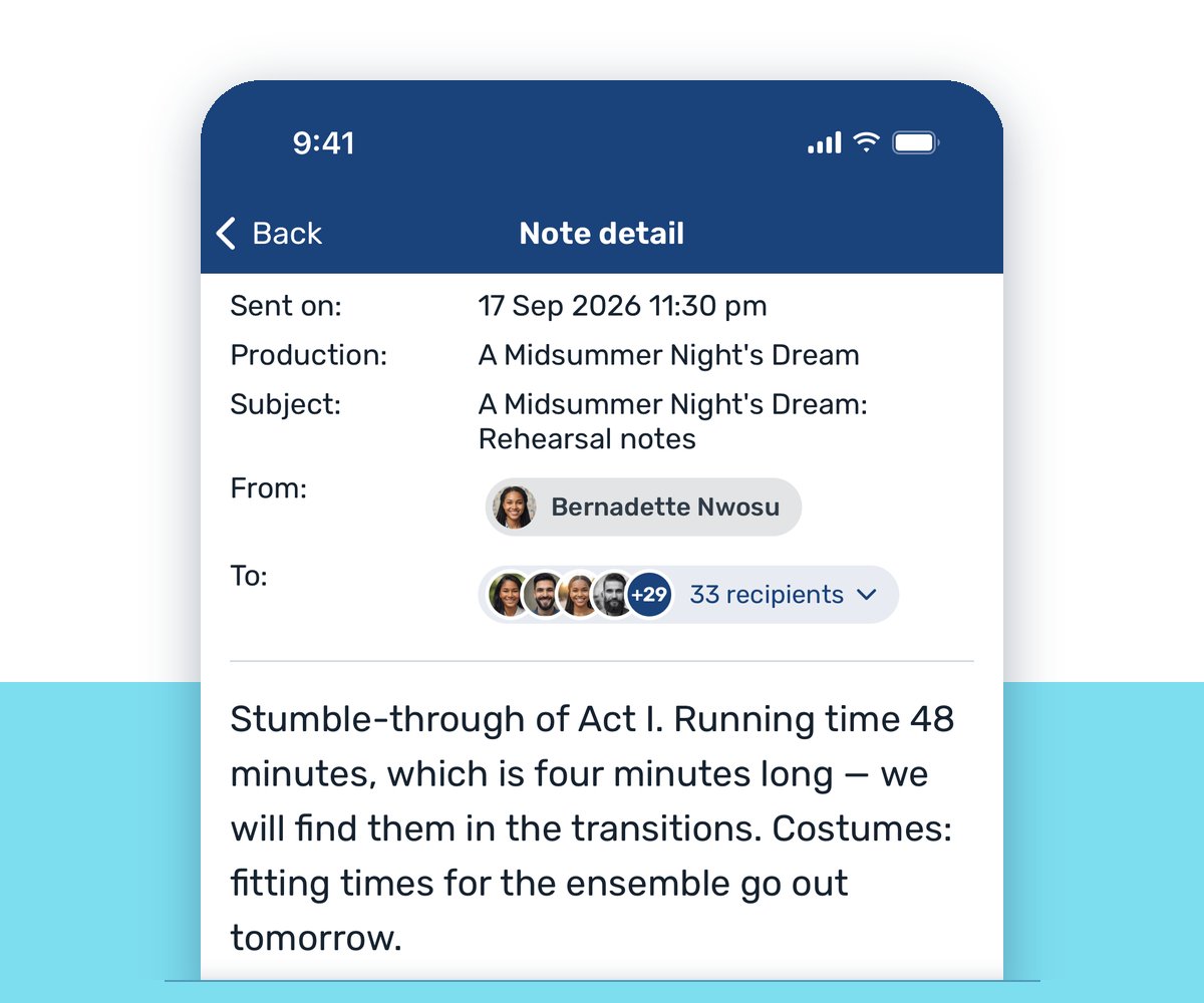 VirtualCallboard app showing a rehearsal note sent to 33 recipients with its running-time notes VirtualCallboard app showing a rehearsal note sent to 33 recipients with its running-time notes