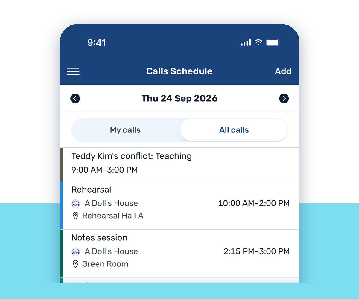 VirtualCallboard app showing a day's call schedule with a conflict, a rehearsal and a notes session VirtualCallboard app showing a day's call schedule with a conflict, a rehearsal and a notes session