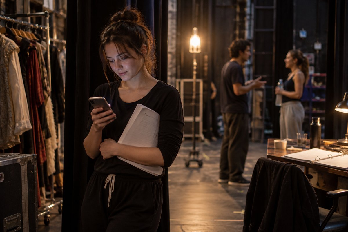 Cast member backstage reading a VirtualCallboard text notification on her phone, script under her arm Cast member backstage reading a VirtualCallboard text notification on her phone, script under her arm