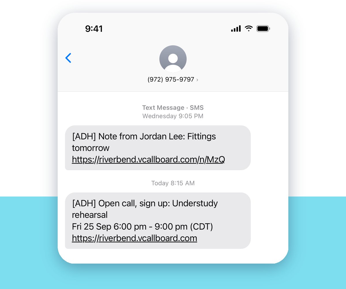Text messages from VirtualCallboard on an iPhone: a note from the stage manager about fittings and an open call to sign up for Text messages from VirtualCallboard on an iPhone: a note from the stage manager about fittings and an open call to sign up for