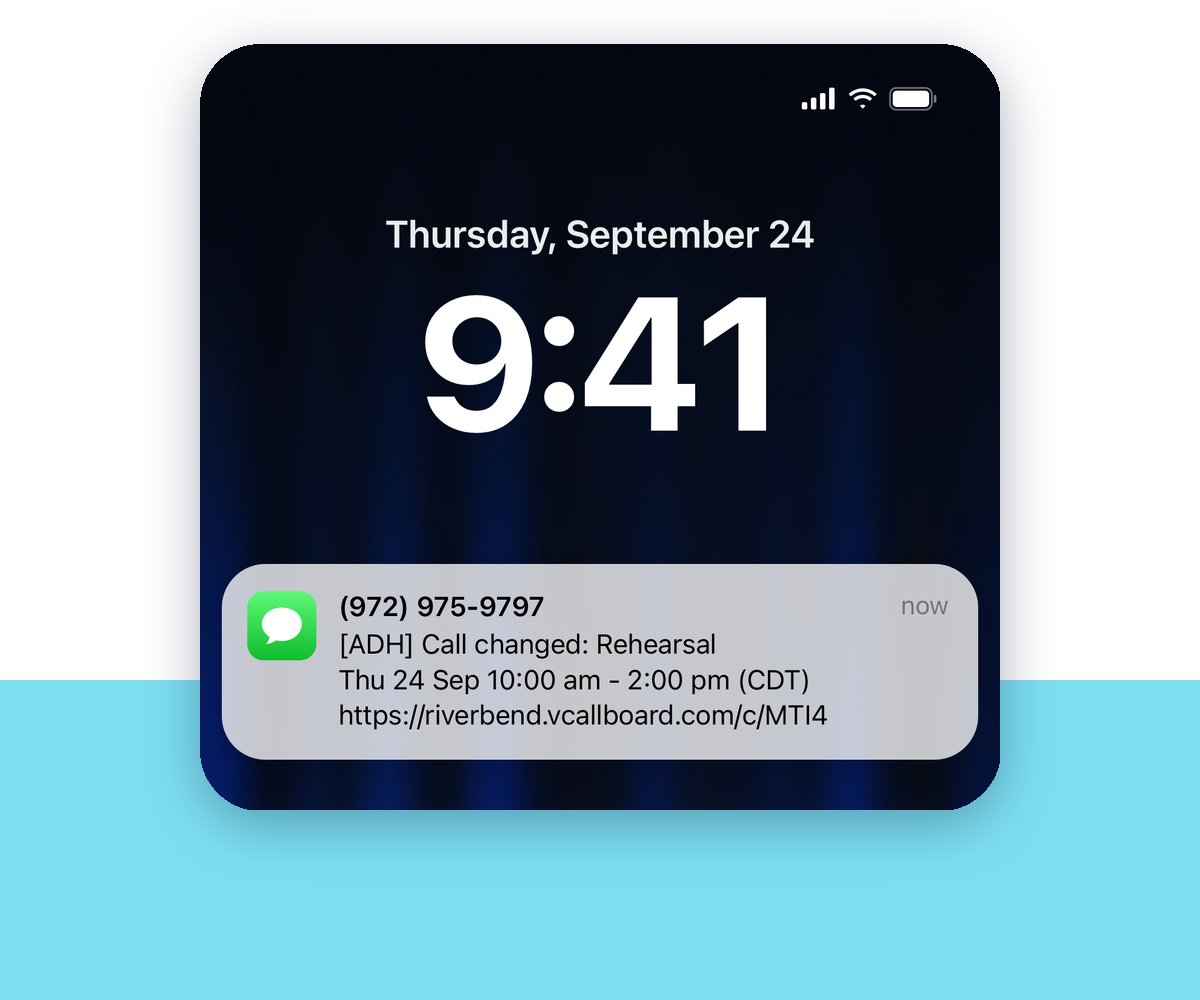 iPhone lock screen showing a VirtualCallboard text: [ADH] Call changed: Rehearsal, Thu 24 Sep 10:00 am to 2:00 pm, with a link to the call