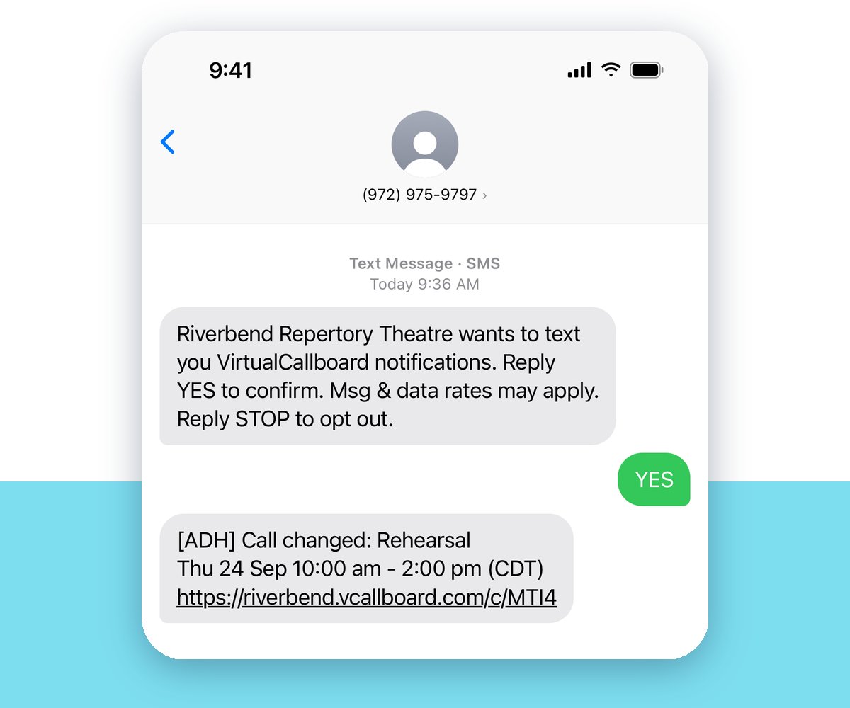 iPhone text thread: the theater asks to text VirtualCallboard notifications, the person replies YES, and the first call change arrives iPhone text thread: the theater asks to text VirtualCallboard notifications, the person replies YES, and the first call change arrives